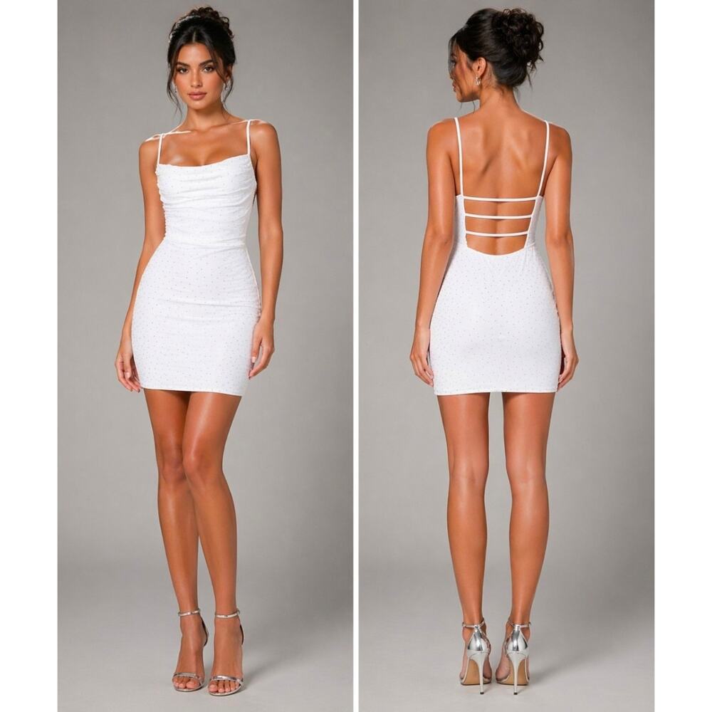 #166 MSRP $75 NWT POPULAR 21 SILVER RHINESTONE COWL NECK MINI DRESS ♡SIZE LARGE♡